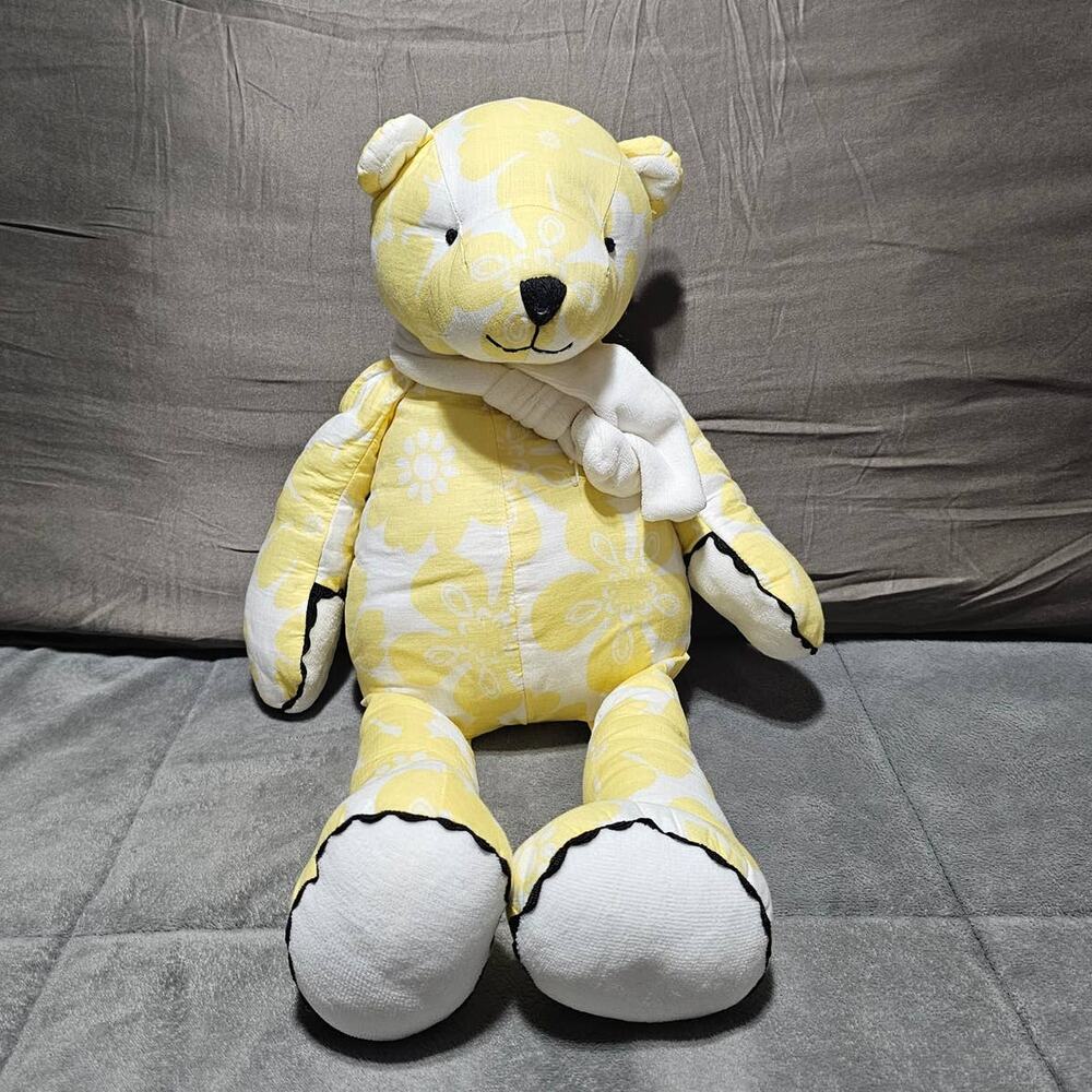 Pottery Barn Kids Yellow White Floral Bear Plush Black Trim 2008 with scarf